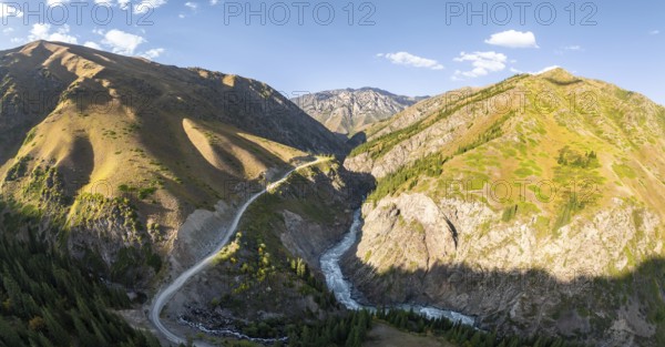 Mountain landscape with river in a narrow mountain valley in autumn, Little Naryn or Kichi-Naryn,