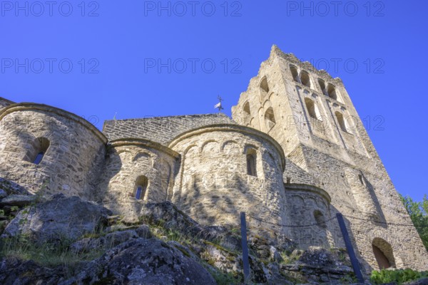 Saint Martin du Canigou Abbey with church tower, Casteil, Département Pyrénées-Oriental, France,