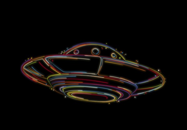 Flying saucer sketch, UFO, stylized vector hand drawing in colors over black