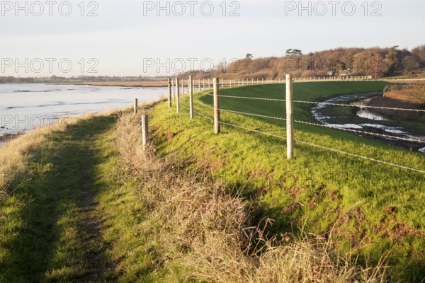 Newly repaired river flood defence wall, River Deben, Ramsholt, Suffolk, England, UK