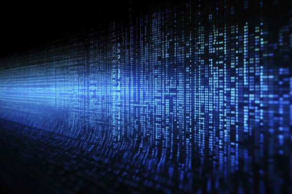 Blue dynamic digital data streams, showcasing flowing lines of code in a mesmerizing pattern, ideal