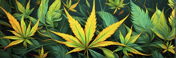 Abstract wallpaper highlighting stylized cannabis leaves in vibrant green and golden colors, AI