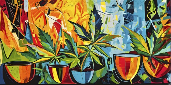 Abstract composition of a cannabis cafe with ambiance bold contrasting colors and playful shapes,