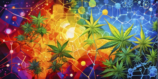 Abstract painting of chemical structure of thc and cbd interlocking geometric shapes, AI generated