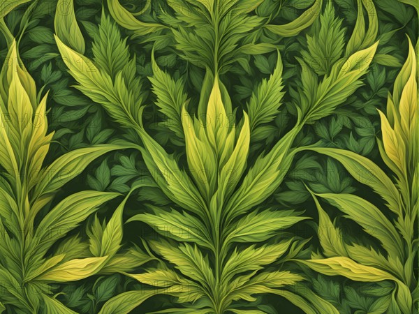 Abstract wallpaper highlighting stylized cannabis leaves in vibrant green and golden colors, AI