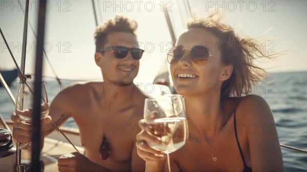 Young adult caucasian couple enjoying drinks on the deck of their yacht in the ocean, generatvie
