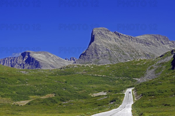 A clear road leads through a green mountain landscape under a blue sky, Trollstigen, Andalsnes,