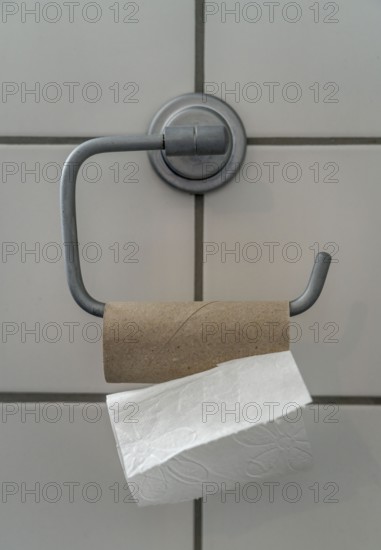 Last sheet of toilet paper on a toilet roll