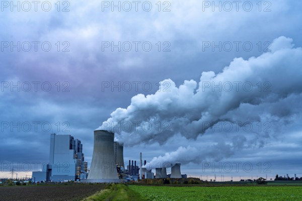 Neurath lignite-fired power station, power station units A, E, cooling towers, town of