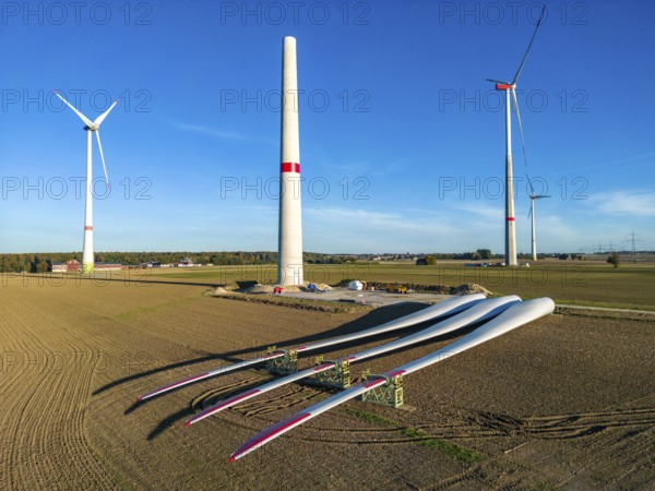 Wind farm near Bad Wünnenberg, construction site, storage area for a new wind turbine, components