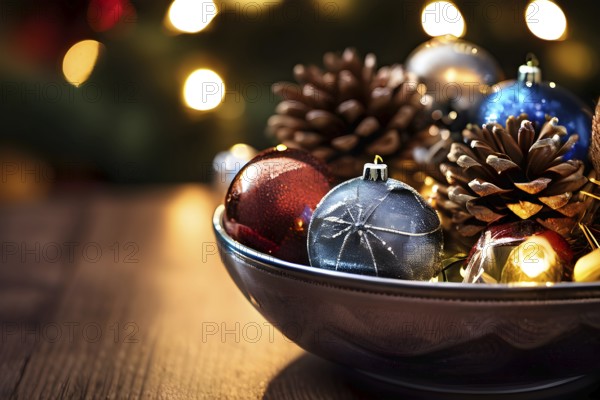 Christmas tree ornaments in a bowl, featuring a mix of glass baubles, pine cones, and fairy lights,