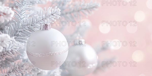 Christmas banner with white bauble ornaments on pink background with copy space. Generative AI, AI