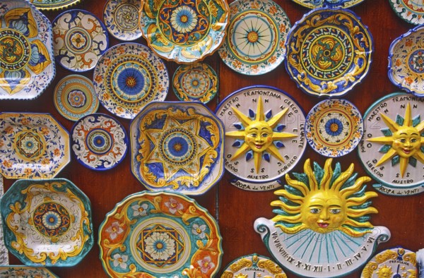 Colourful painted plate souvenirs, Erice. Sicily, Italy, Europe