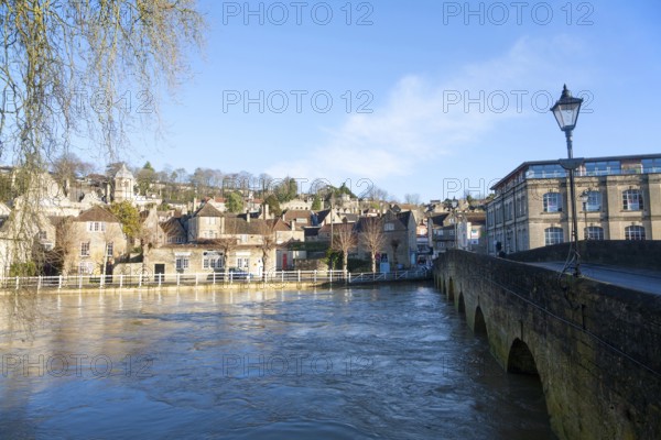 Bridge over River Avon with high level of water, Bradford on Avon, Wiltshire, England, United