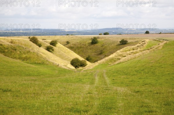 V shaped chalk dry valley eroded into downland escarpment at Bishopstone, Wiltshire, England, UK