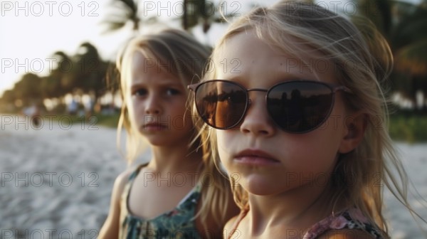 Two young children girlfriends posing wearing sunglasses having fun on the beach, generatvie AI, AI