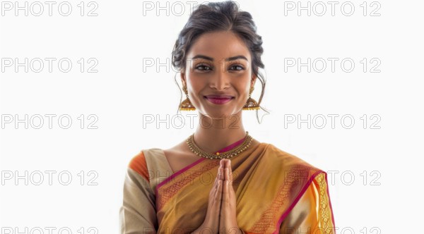 Portrait if Indian beautiful attractive lady in national sari clothes and gold jewelry., AI