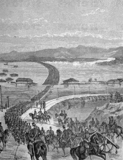 Raft bridge over the Danube, built by the Russians, Historical, digitally restored reproduction