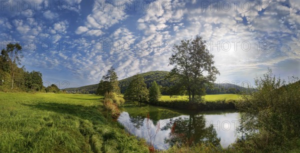 Panoramic landscape at the river Vils with wide meadow, trees and bright sky, Emhof, Kallmünz,