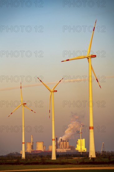Wind power plants, wind farm, Neurath lignite-fired power plant, Rhenish lignite mining area