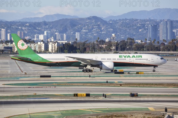 A Boeing 777-300 (ER) aircraft of EVA Air with registration number B-16726 at Los Angeles Airport,