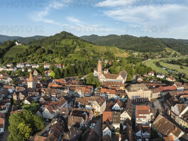 The old town centre of Gengenbach, on the right the river Kinzig, aerial view, Ortenaukreis,