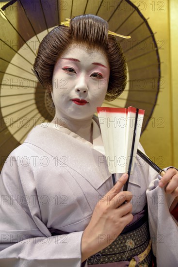 Geisha in traditional costume, portrait, fan, omori, Tokyo, Japan, Asia