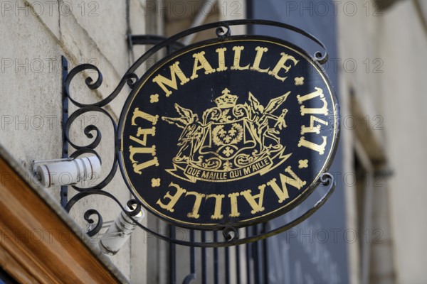 Sign on a shop of the mustard producer Maille in the old town, Dijon, Côte d'Or department,
