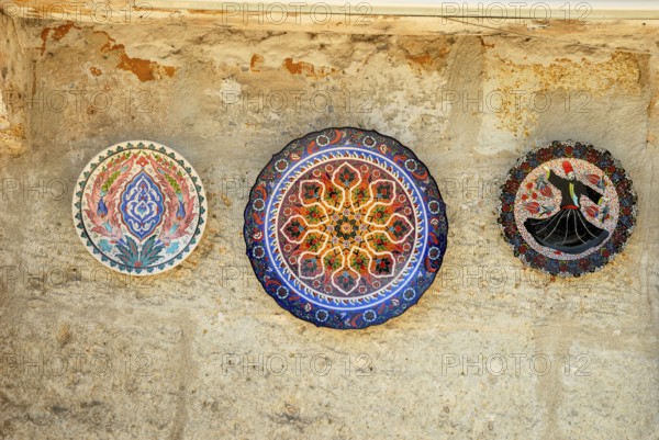 Painted plates on wall, ceramics, pottery, avanos, Cappadocia, Turkey, Asia