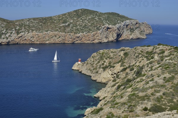 Boats in the Parque Nacional de Cabrera, Cabrera National Park, Cabrera Archipelago, Majorca,
