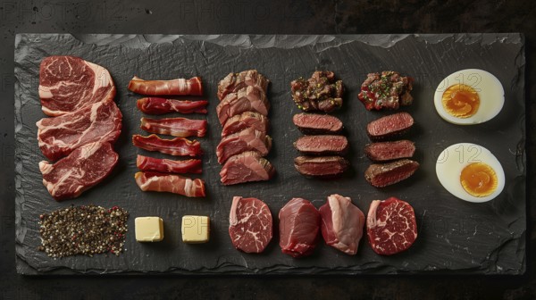All meat, fish and eggs platter overhead. generative AI, AI generated