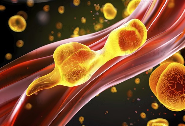 Three dimensional render of cholesterol in blood stream, AI generated