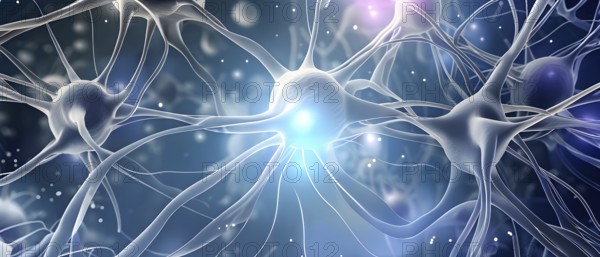 Visualization of neurons firing neurotransmitters in the synaptic gap, AI generated