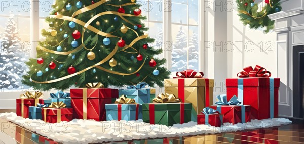 Abstract illustration of wrapped Christmas gifts, shiny ribbons and bows, stacked under a evergreen