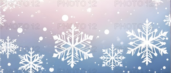 Abstract pattern of snowflakes in varying sizes and shapes in soft white and blue gradients, AI