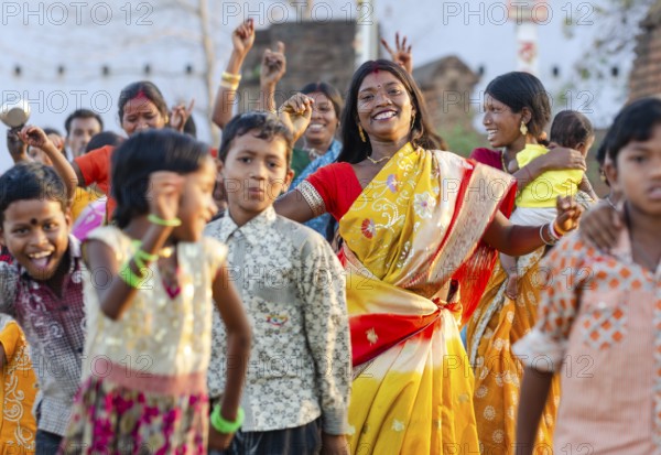 Dancing woman and children, Bishnupur, Bankura district, West Bengal, India, Asia
