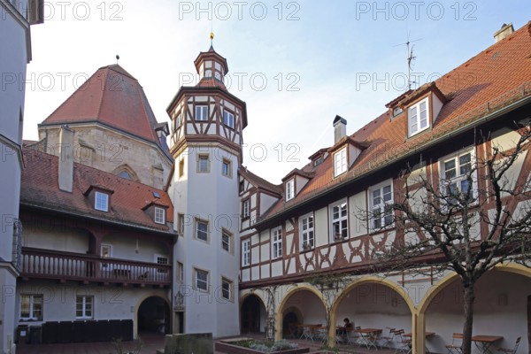 Inner courtyard with tower and arcade of the parish centre of St. Gumbertus Church, Ansbach, Middle