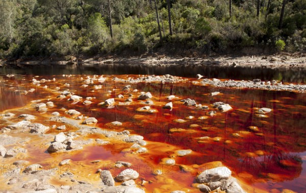 Blood red mineral laden water Rio Tinto river Minas de Riotinto mining area, Huelva province,