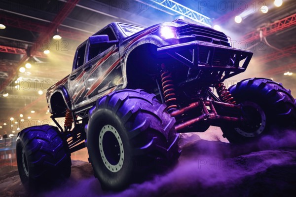 Monster truck illuminated by neon lights amidst a cloud of dust at an indoor arena- excitement and
