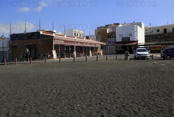Cafe by black sand beach at Ajuy, Fuerteventura, Canary Islands, Spain, Europe