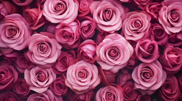 Valentine day background of close-up view of a beautiful mix of pink roses, symbolizing love and