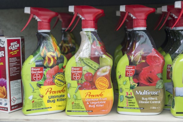 A range of insect bug killer products on sale, The Walled garden plant nursery, Benhall, Suffolk,