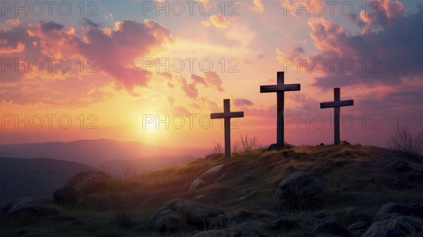 Easter concept three crosses on Golgotha Calvary hill against a dramatic sunset, AI generated