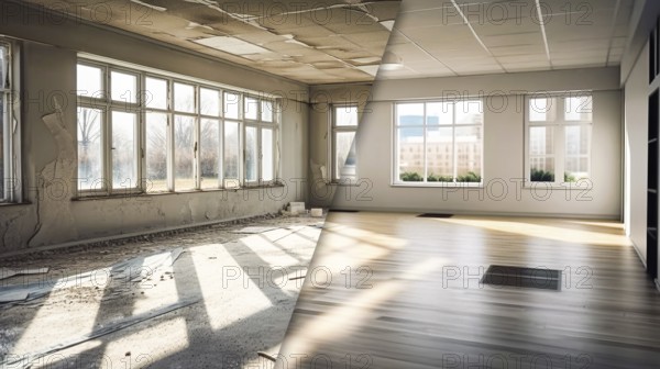 Large industrial office building before and after cleanup and construction, generative AI, AI