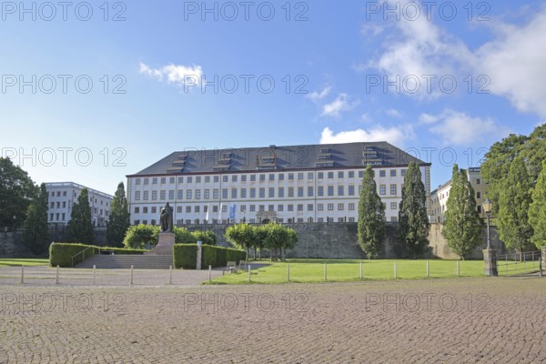 Baroque Friedenstein Castle and monument to Ernst the Pious, Gotha, Thuringia, Germany, Europe