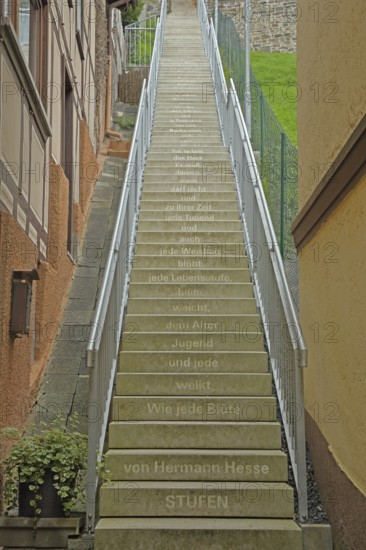 Staircase with poem Steps by Hermann Hesse, staircase with inscription, 'As every blossom withers