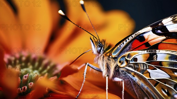 Extreme close-up of a painted lady butterfly (Vanessa cardui), AI generated