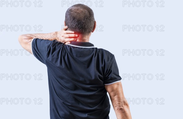 People suffering with neck pain isolated. Rear view of Mature man with neck tension isolated. Neck