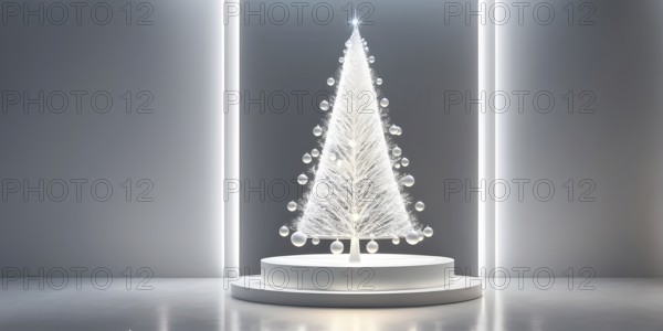 A three dimensional rendering of a futuristic Christmas tree made of glowing, semi-transparent