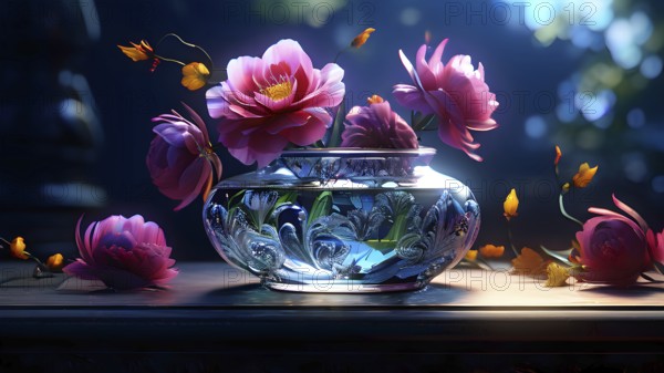 Transparent crystal glass vase with vibrant blooming flowers, AI generated